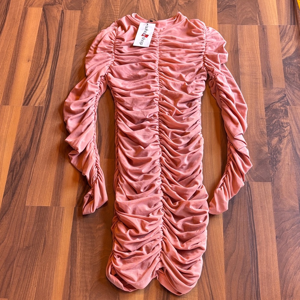 NWT Ruched Pale Pink Long Sleeve Bandage Dress